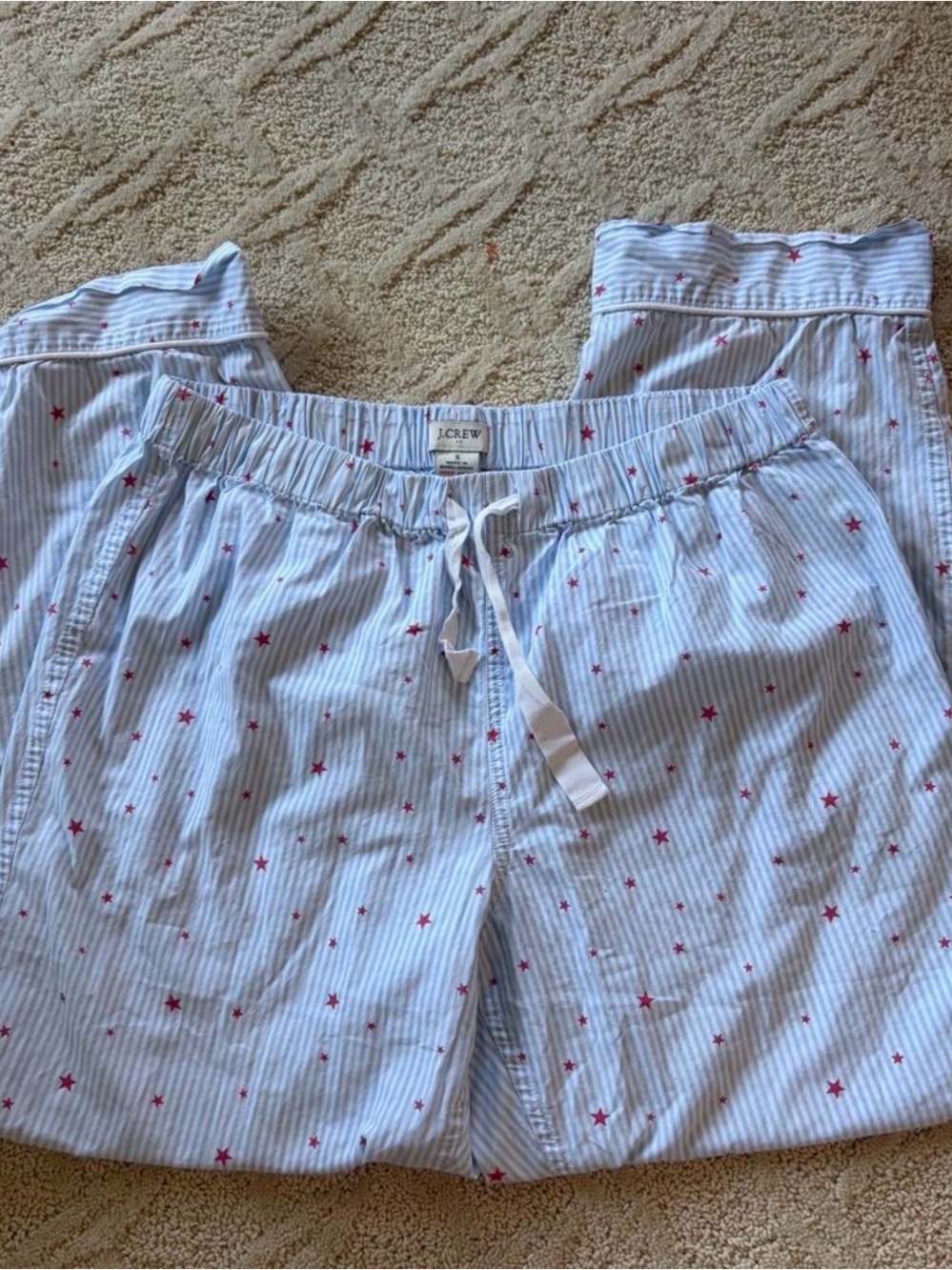 J.Crew white & blue striped pajama pants with red stars, size S